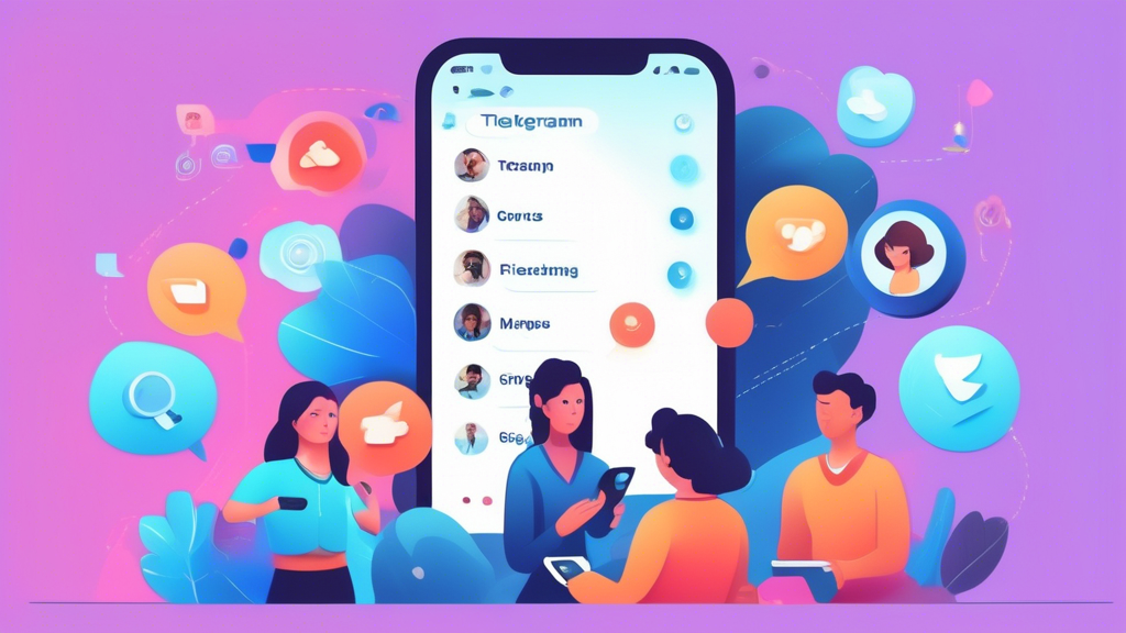 Create an image of a person looking at their phone with a Telegram app opened, surrounded by various chat groups and settings options. Include visual elements that represent finding and managing a group on Telegram, such as a magnifying glass searching for groups, a group chat icon, and an admin badge for managing the group. Make the setting colorful and engaging to capture the user's attention.