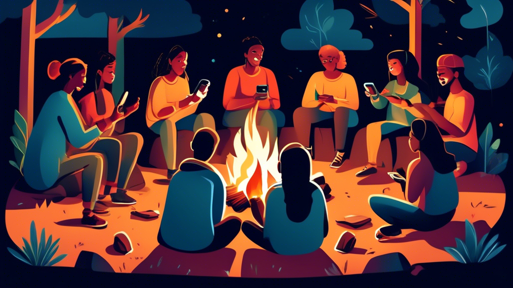 Create an image of a diverse group of people gathered around a campfire, with each person holding a smartphone and looking engaged as they listen to a storyteller speaking animatedly. The scene should convey a sense of connection, engagement, and community, capturing the essence of storytelling for social media.