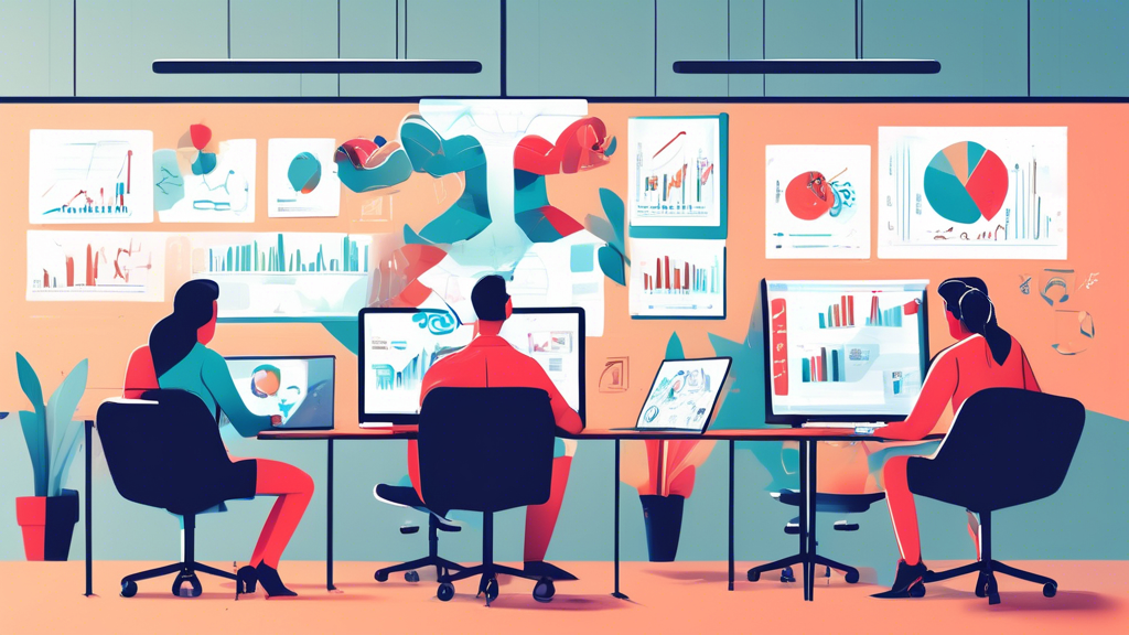 Create an image of a digital marketing team brainstorming in an office, with laptops open and charts on the walls, illustrating a strategy session to implement Telegram marketing techniques for a business.