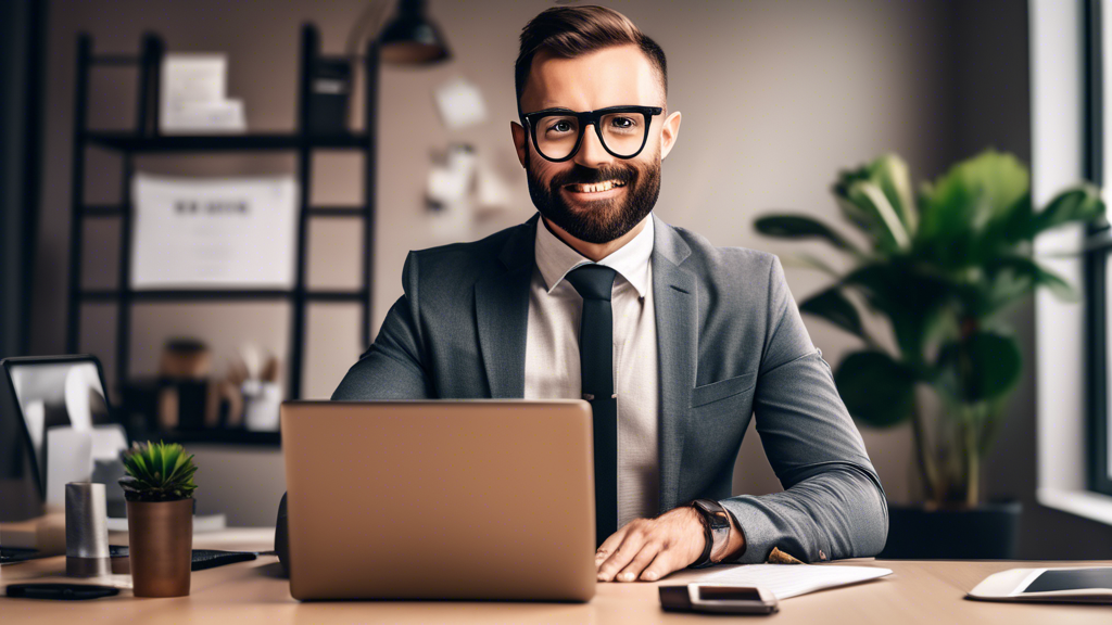 Create an image of a professional-looking individual representing a B2B influencer, standing in an office setting with a laptop and various marketing materials. The person should exude expertise and confidence, embodying the importance of B2B influencers in marketing strategies. The image should convey a sense of influence, credibility, and professionalism in the B2B marketing world.