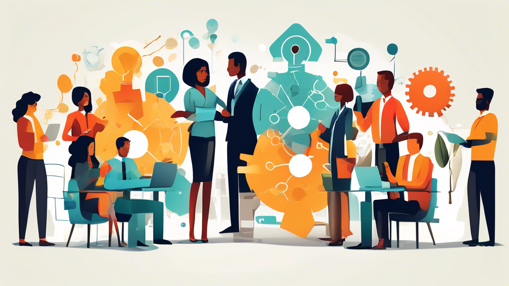 Create an image depicting a diverse group of employees working together in a collaborative and harmonious environment, illustrating the 8 elements of organizational culture to cultivate in a company: teamwork, respect, transparency, innovation, diversity, integrity, communication, and accountability. Each element should be visually represented in a way that conveys a positive and productive work culture.