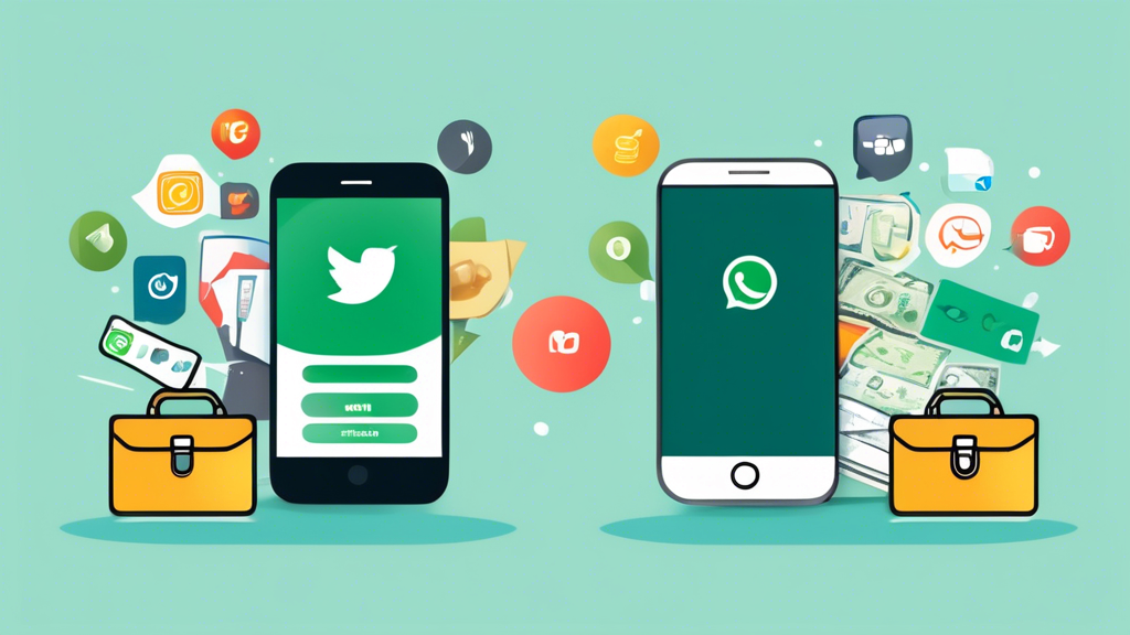 Create an image depicting two smartphones: one with the Telegram logo and the other with the WhatsApp logo. Each smartphone should be surrounded by various business-related icons such as a briefcase, a chart, and a money bag. Make sure the image conveys a sense of comparison and competition between the two messaging apps for business purposes.